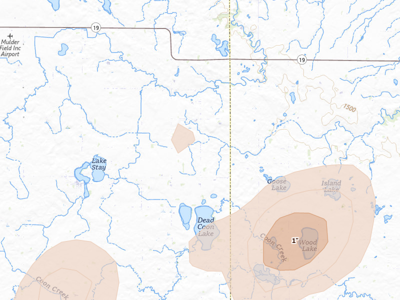 Radar-estimated hail-size map of the storm over Arco, MN on Jul 4, 2026