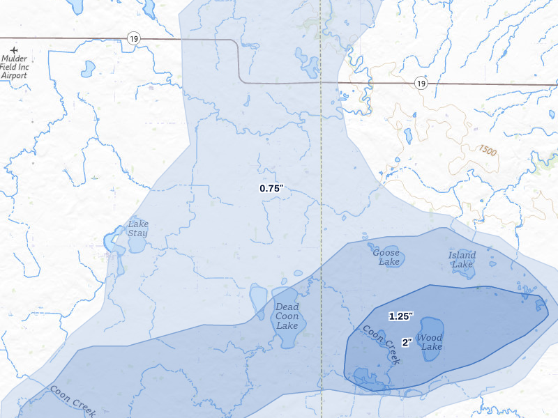 NEXRAD radar-signature map of the hail over Arco, MN