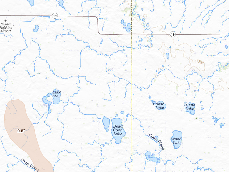 Radar-estimated hail-size map of the storm over Arco, MN on Jul 28, 2026