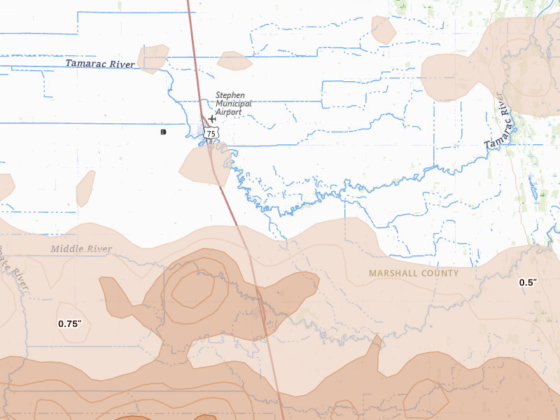 Radar-estimated hail-size map of the storm over Argyle, MN on Jul 24, 2026