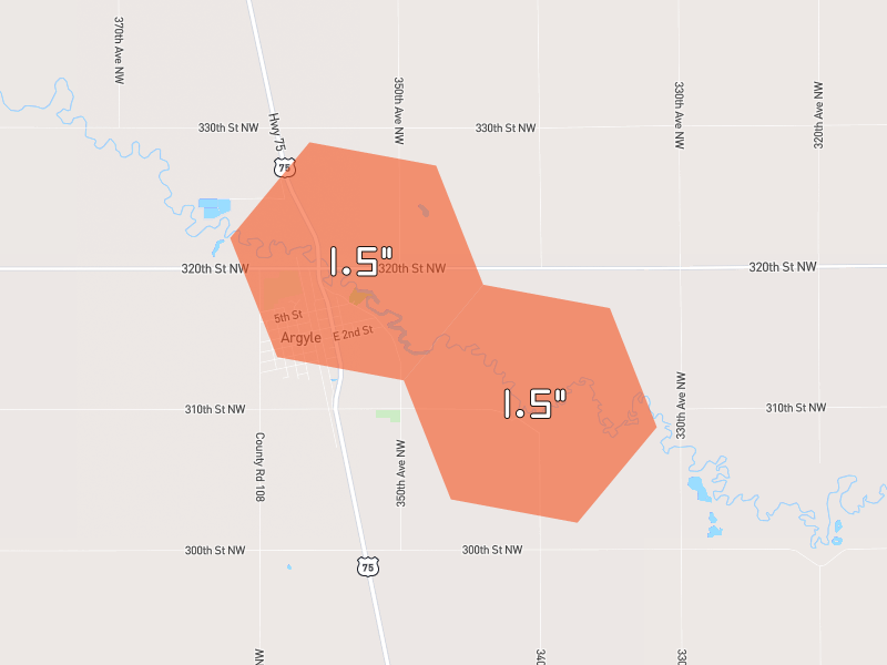 Hail map of Argyle, MN on Jul 25, 2026, hail up to 1.5"