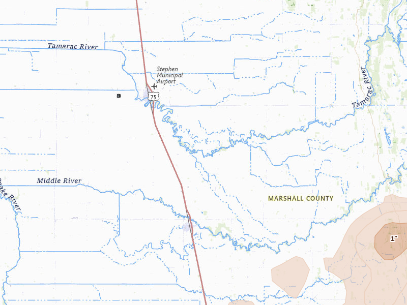 Radar-estimated hail-size map of the storm over Argyle, MN on Jul 30, 2026