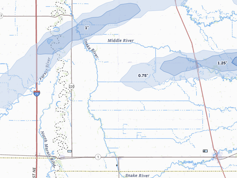 NEXRAD radar-signature map of the hail storm over Argyle, MN on Aug 2, 2026