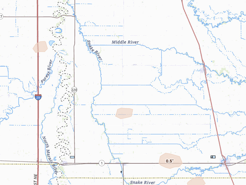Radar-estimated hail-size map of the storm over Argyle, MN on Aug 17, 2026