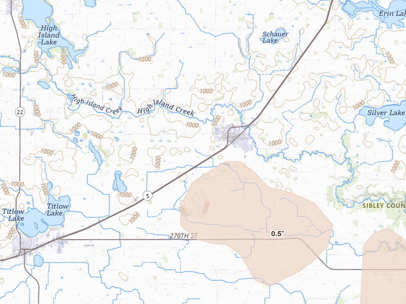 Radar-estimated hail-size map of the storm over Arlington, MN on Aug 8, 2026