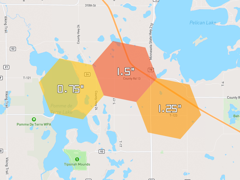 Hail map of Ashby, MN on Jun 7, 2026, hail up to 1.5"