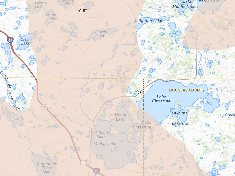 Radar-estimated hail-size map of the storm over Ashby, MN on Jul 6, 2026