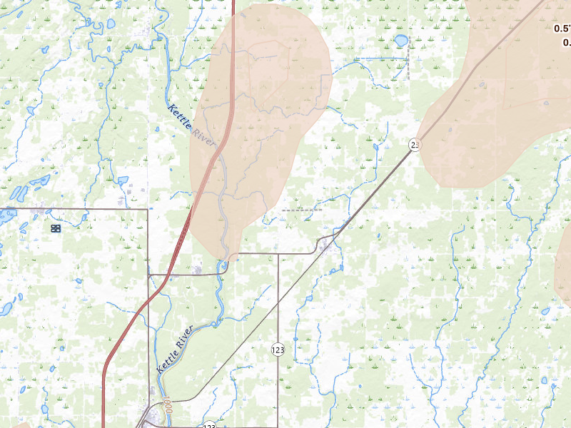 Radar-estimated hail-size map of the storm over Askov, MN on Jun 10, 2026