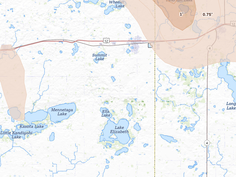 Radar-estimated hail-size map of the storm over Atwater, MN on Jul 4, 2026