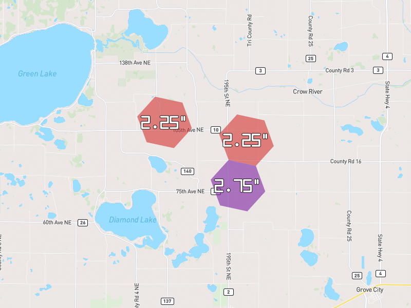 Hail map of Atwater, MN on Jul 4, 2026, hail up to 2.75"