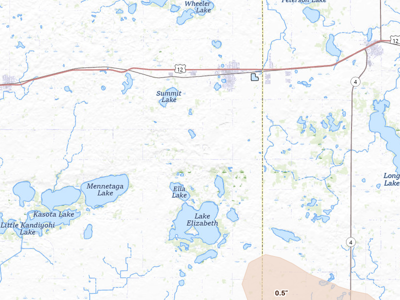 Radar-estimated hail-size map of the storm over Atwater, MN on Jul 25, 2026