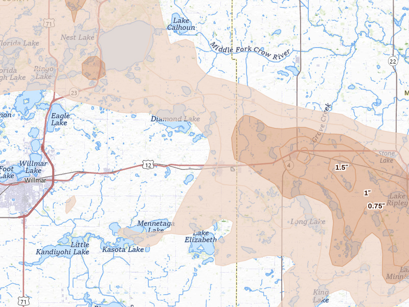Radar-estimated hail-size map of the storm over Atwater, MN on Aug 7, 2026