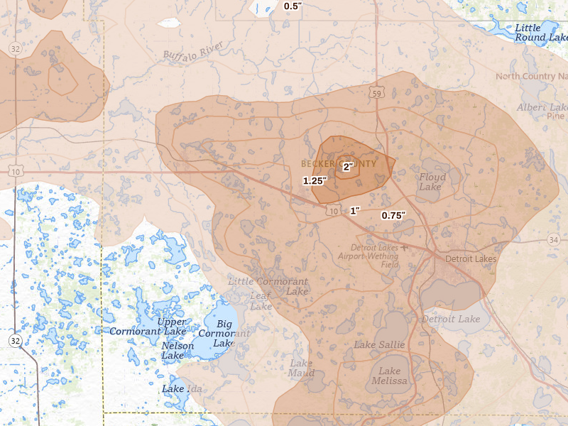 Radar-estimated hail-size map of the storm over Audubon, MN on Jul 6, 2026