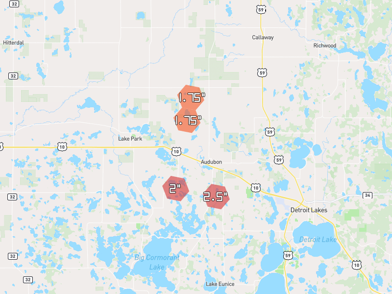 Hail map of Audubon, MN on Jul 7, 2026, hail up to 2.5"