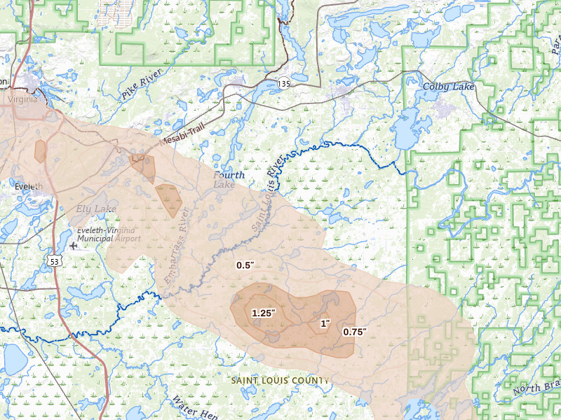 Radar-estimated hail-size map of the storm over Aurora, MN on Jul 17, 2026