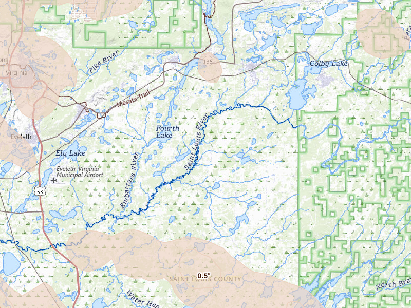Radar-estimated hail-size map of the storm over Aurora, MN on Jul 26, 2026