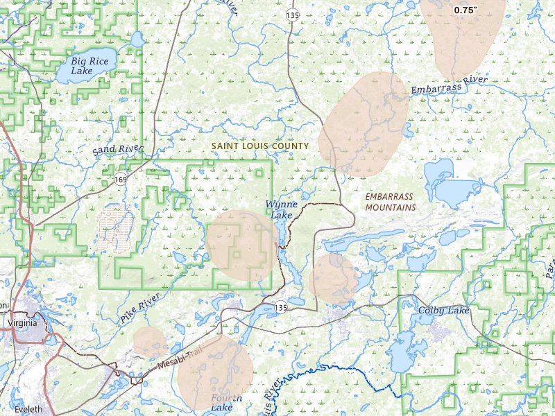 Radar-estimated hail-size map of the storm over Aurora, MN on Aug 3, 2026
