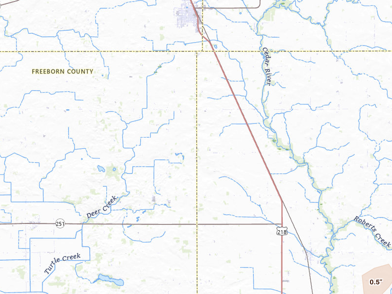 Radar-estimated hail-size map of the storm over Austin, MN on Mar 6, 2026