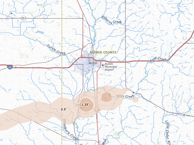 Radar-estimated hail-size map of the storm over Austin, MN