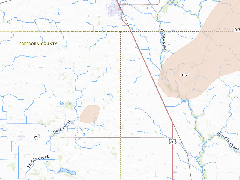 Radar-estimated hail-size map of the storm over Austin, MN on Apr 17, 2026