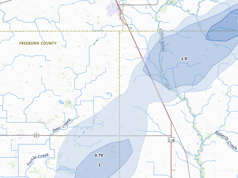 NEXRAD radar-signature map of the hail over Austin, MN