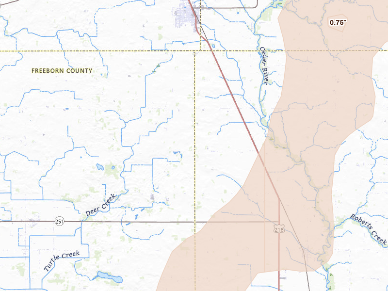 Radar-estimated hail-size map of the storm over Austin, MN on Jun 30, 2026