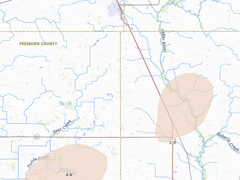 Radar-estimated hail-size map of the storm over Austin, MN on Jul 2, 2026
