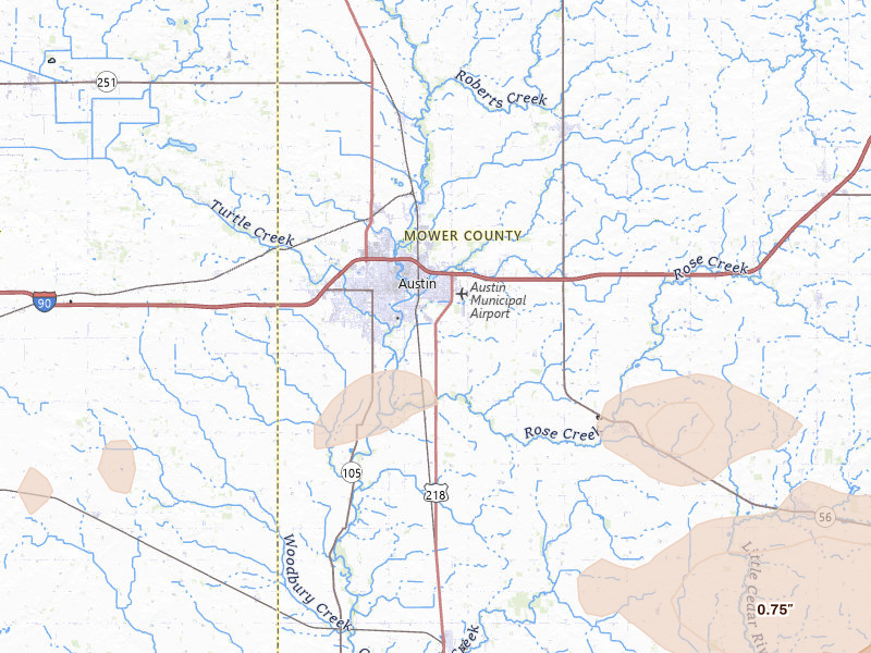 Radar-estimated hail-size map of the storm over Austin, MN on Jul 8, 2026