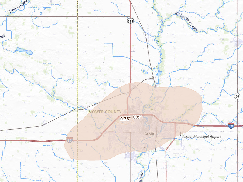 Radar-estimated hail-size map of the storm over Austin, MN on Aug 3, 2026