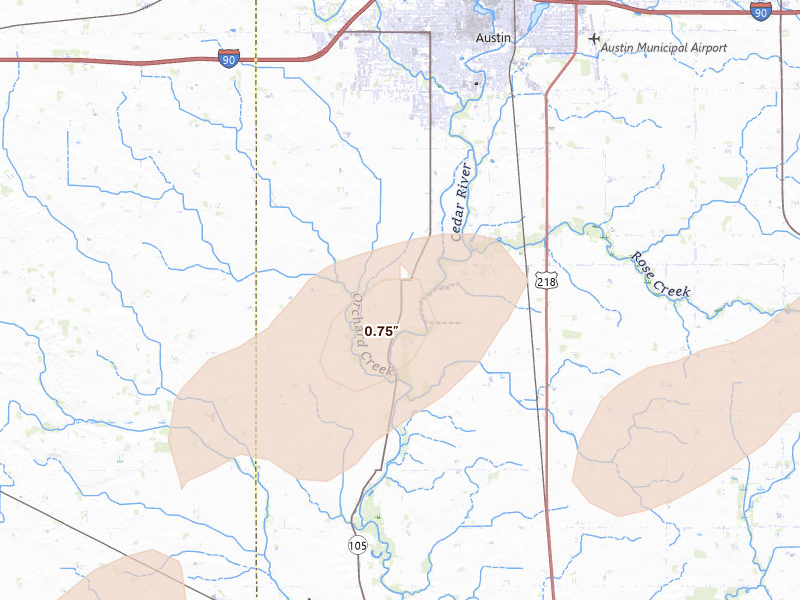 Radar-estimated hail-size map of the storm over Austin, MN on Sep 1, 2026