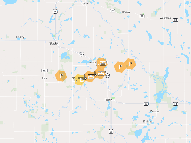 Hail map of Avoca, MN on Jul 26, 2026, hail up to 1.25"
