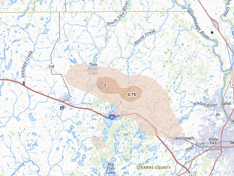 Radar-estimated hail-size map of the storm over Avon, MN on Aug 7, 2026