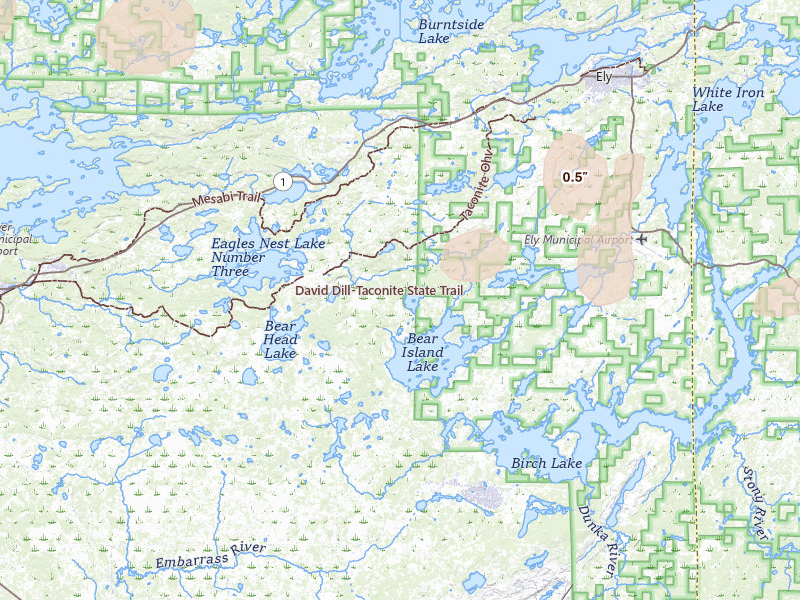 Radar-estimated hail-size map of the storm over Babbitt, MN on Jul 19, 2026
