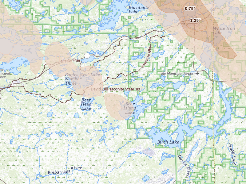 Radar-estimated hail-size map of the storm over Babbitt, MN on Jul 26, 2026