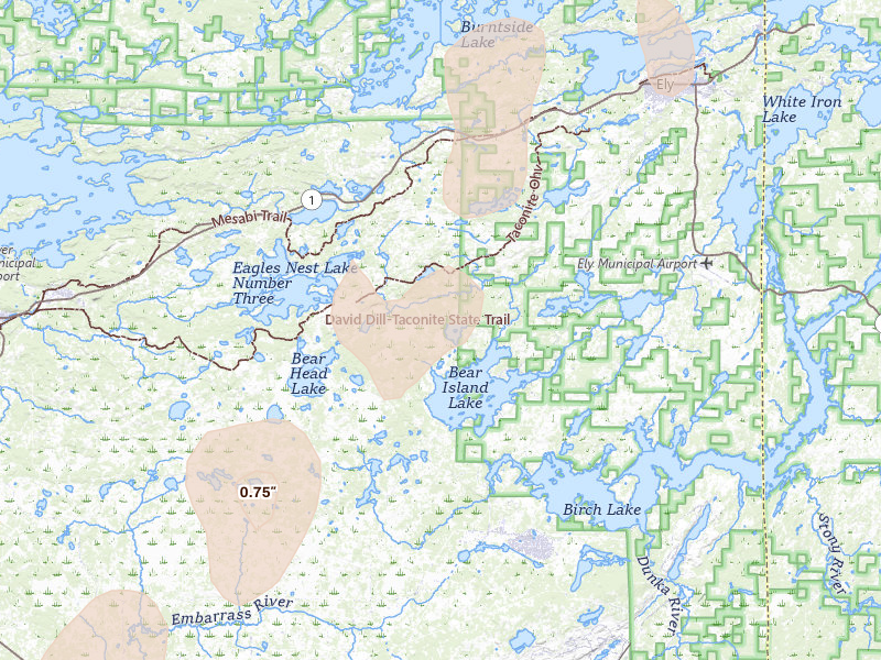Radar-estimated hail-size map of the storm over Babbitt, MN on Aug 3, 2026