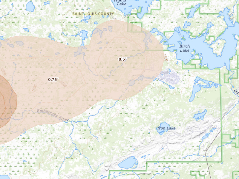 Radar-estimated hail-size map of the storm over Babbitt, MN