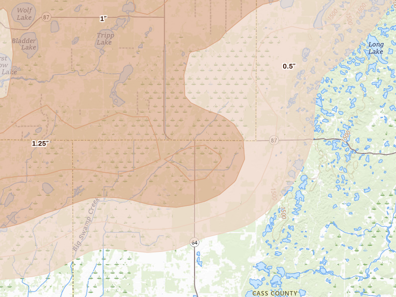 Radar-estimated hail-size map of the storm over Backus, MN on Aug 6, 2026