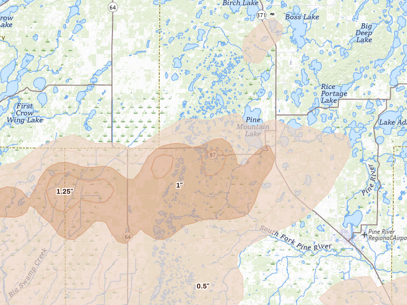 Radar-estimated hail-size map of the storm over Backus, MN on Aug 7, 2026