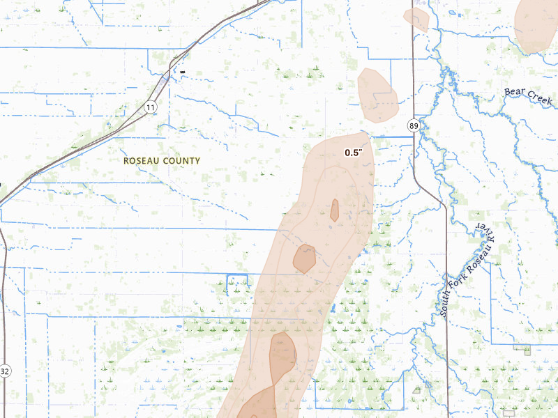 Radar-estimated hail-size map of the storm over Badger, MN on Jun 10, 2026
