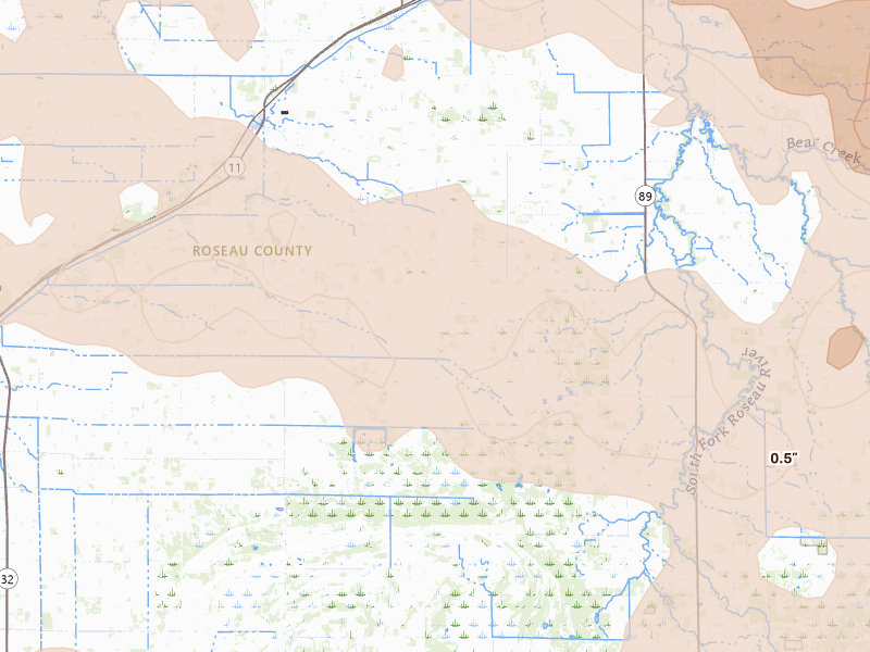 Radar-estimated hail-size map of the storm over Badger, MN on Jul 24, 2026