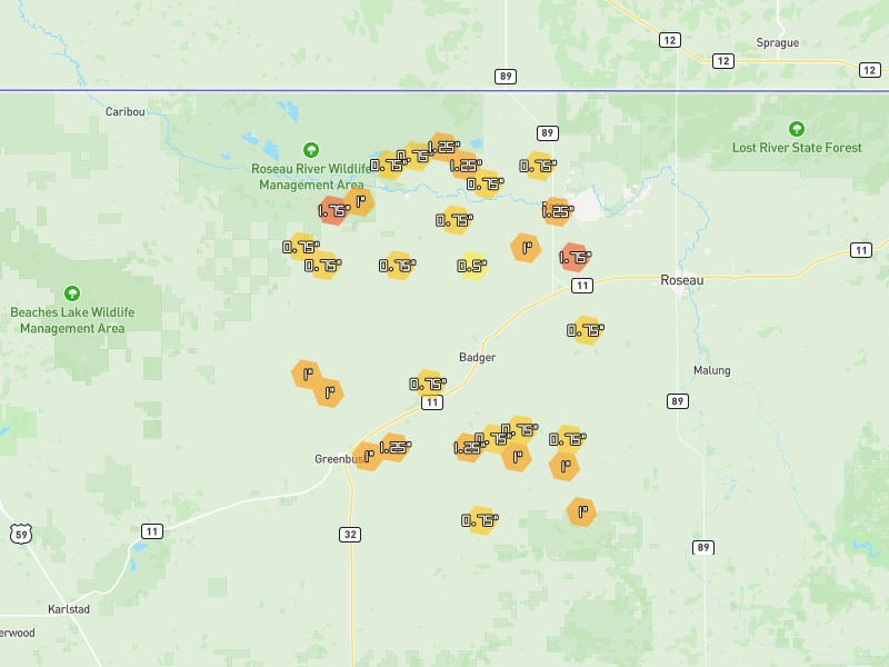 Hail map of Badger, MN on Jul 24, 2026, hail up to 1.75"