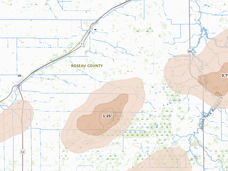 Radar-estimated hail-size map of the storm over Badger, MN on Aug 3, 2026