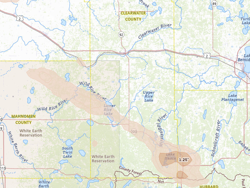 Radar-estimated hail-size map of the storm over Bagley, MN on Jun 23, 2026