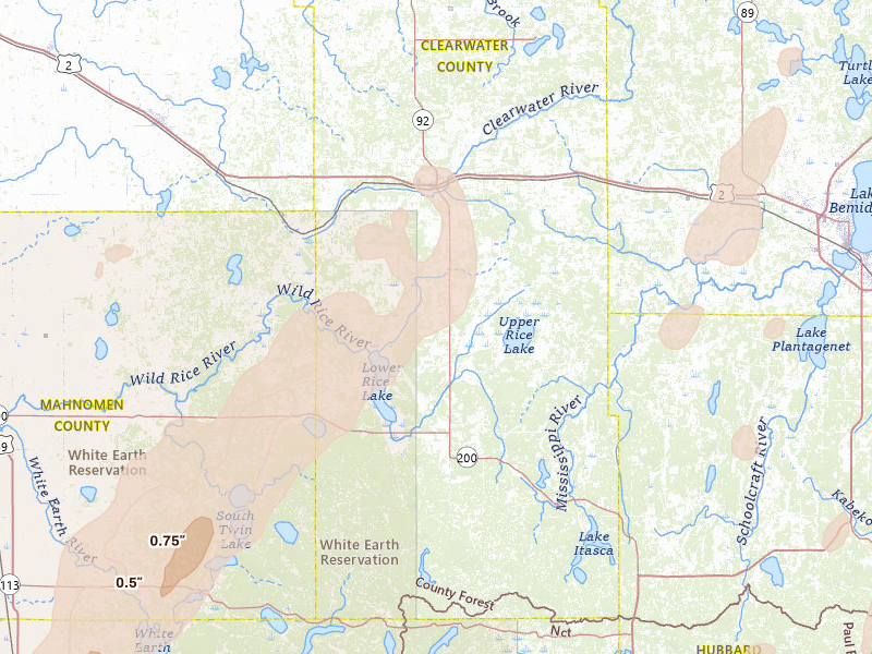 Radar-estimated hail-size map of the storm over Bagley, MN on Jun 29, 2026