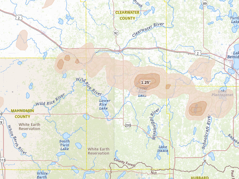 Radar-estimated hail-size map of the storm over Bagley, MN on Jul 3, 2026