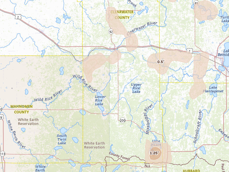 Radar-estimated hail-size map of the storm over Bagley, MN on Jul 4, 2026