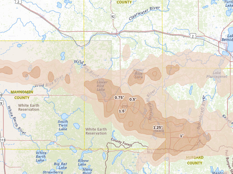 Radar-estimated hail-size map of the storm over Bagley, MN on Aug 6, 2026