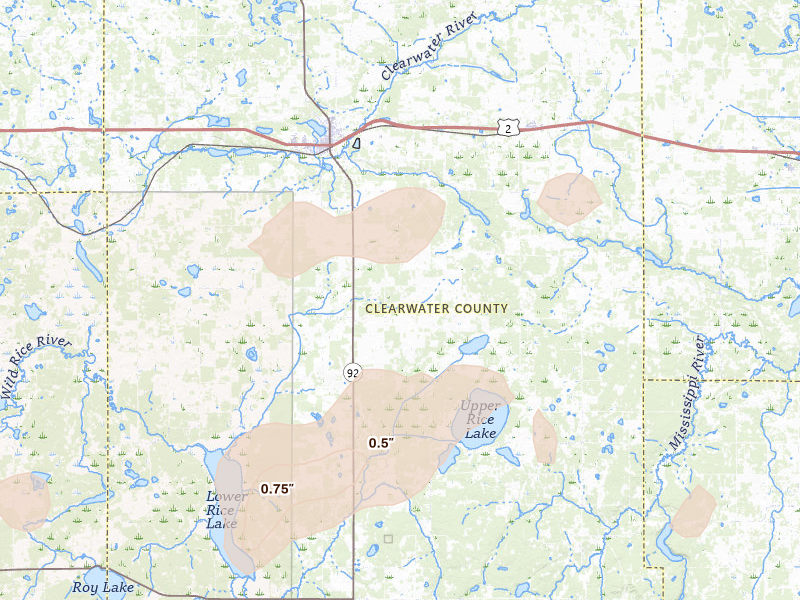 Radar-estimated hail-size map of the storm over Bagley, MN on Aug 17, 2026