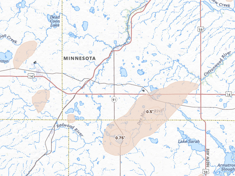 Radar-estimated hail-size map of the storm over Balaton, MN on Jun 29, 2026