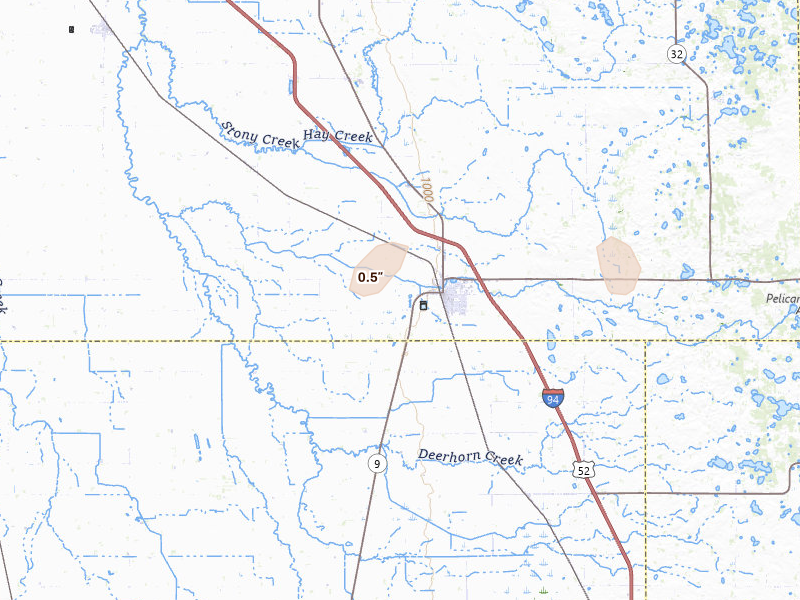 Radar-estimated hail-size map of the storm over Barnesville, MN on Jun 10, 2026
